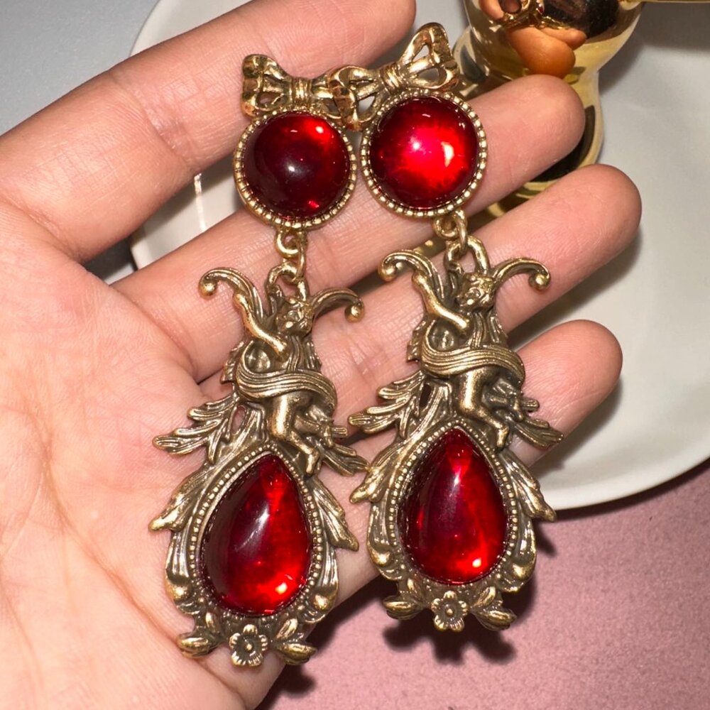 Vintage Baroque Red Glass Cabochon Earrings Gold Tone Ornate Dangle